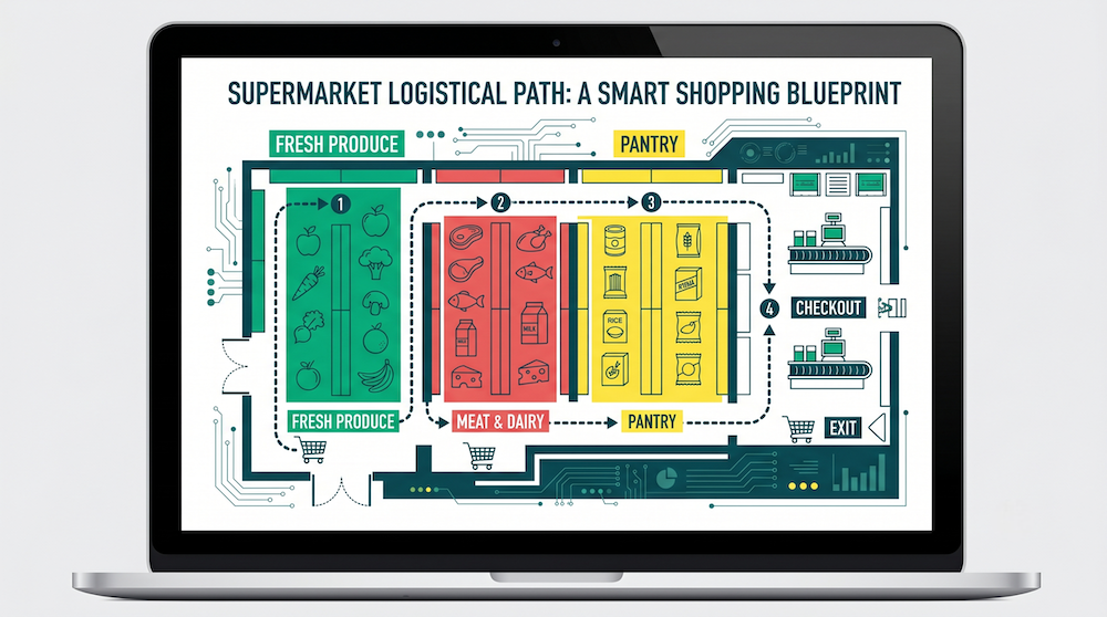 Top down path diagram of a UK supermarket layout