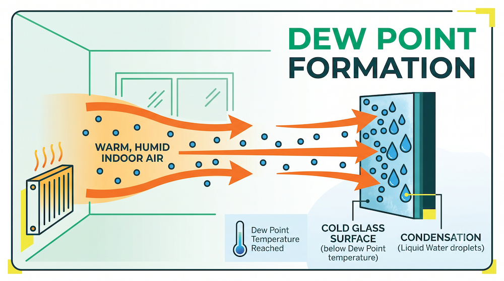 Diagram showing warm moist air hitting a cold window pane