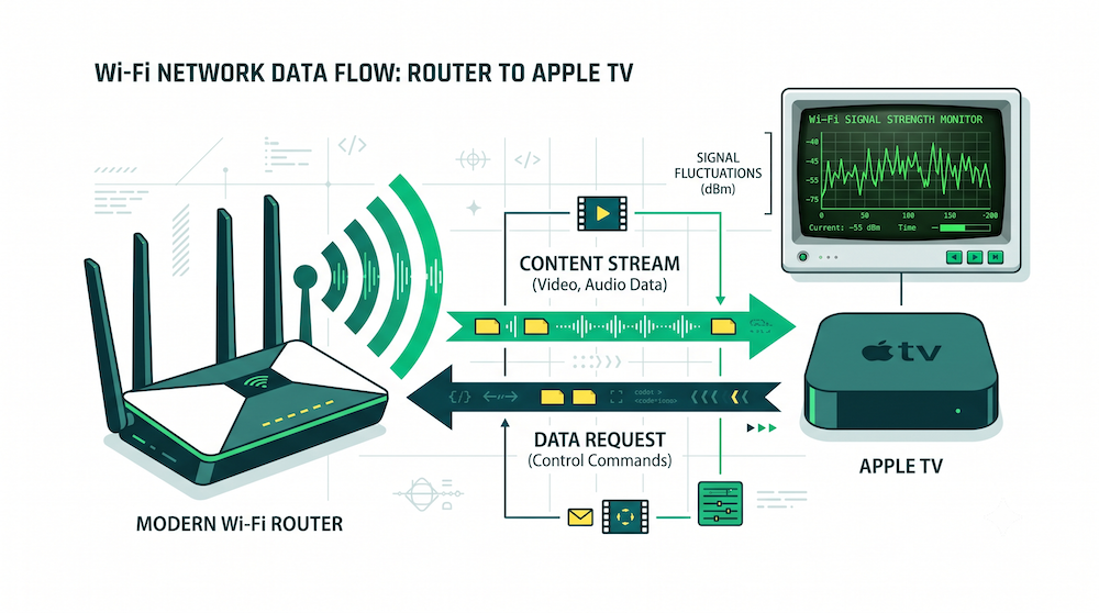 Diagram illustrating the difference between a router speed test and actual device throughput