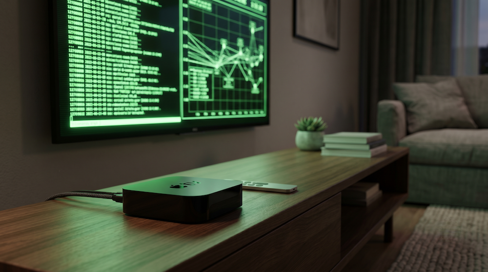 An Apple TV box next to a TV screen displaying a retro terminal network graph