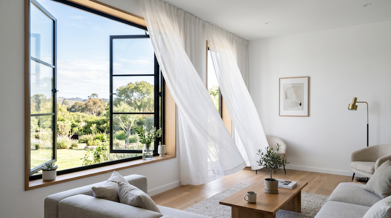 A modern apartment with a wide open window letting in fresh air