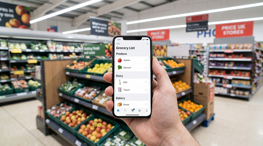 Person holding a smartphone with an organized grocery list in a UK supermarket
